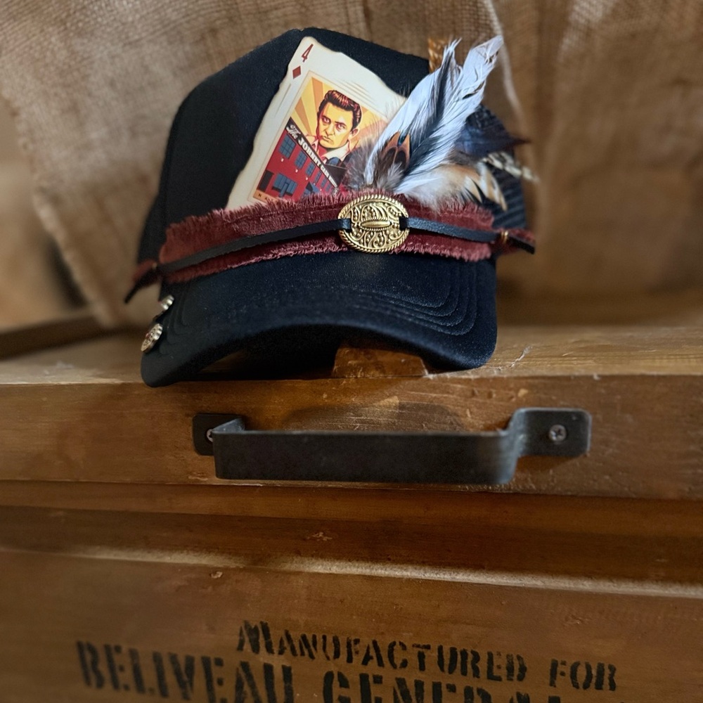 Johnny Cash Black Feather-Trim Trucker Hat